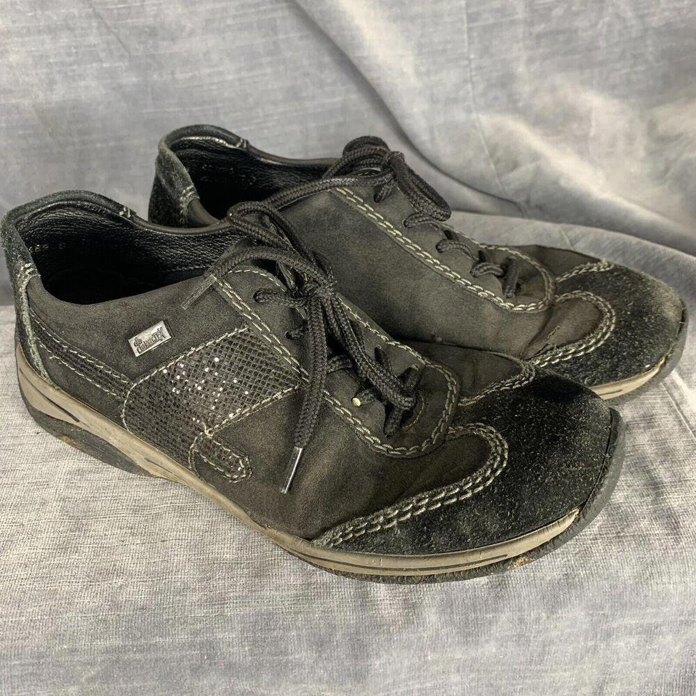 Rieker Womens Size 37 Black Suede Lace Up Round Toe Walking Sneaker Shoe…